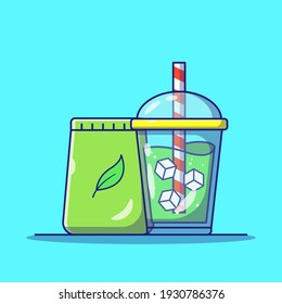 Matcha Green Tea with Ice Cubes in Takeaway Cup and Striped Straw. Food and Drink Icon Concept. Flat Cartoon Vector Illustration Isolated.