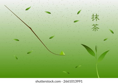 Matcha, té verde, hoja e ilustración de poder sobre fondo verde.  Fondo de té verde Matcha. Ilustración vectorial. Texto significa Matcha o té verde.
