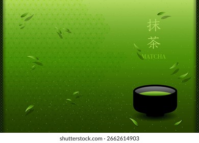 Matcha, grüner Tee, Blatt- und Machtgrafik auf grünem Hintergrund.  Matcha grüner Tee Hintergrund. Vektorgrafik. Text bedeutet Matcha oder grüner Tee.
