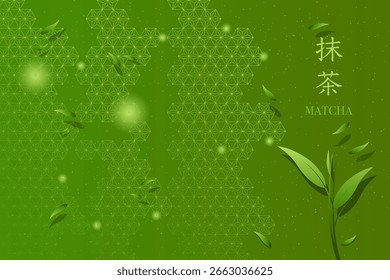 Matcha, té verde, hoja e ilustración de poder sobre fondo verde.  Fondo de té verde Matcha. Ilustración vectorial. Texto significa Matcha o té verde.