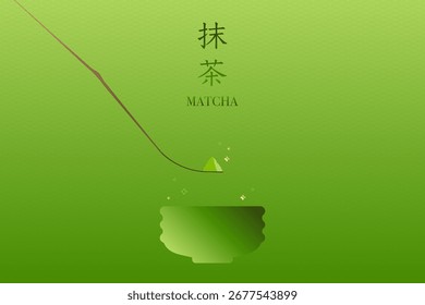 Matcha, green tea, leaf and power illustration on green background.  Matcha green tea background. Vector illustration. Text means Matcha or green tea.
