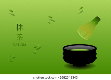 Matcha, té verde, hoja e ilustración de poder sobre fondo verde.  Fondo de té verde Matcha. Ilustración vectorial. Texto significa Matcha o té verde.