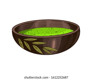 Matcha green tea. Organic powder and bowl chawan. Healthy coconut milk latte. Engraved hand drawn Vintage sketch for poster.