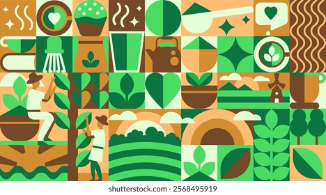 Matcha and Green Tea Pattern with minimalist icons. A Geometric Bauhaus Journey from Field to Cup