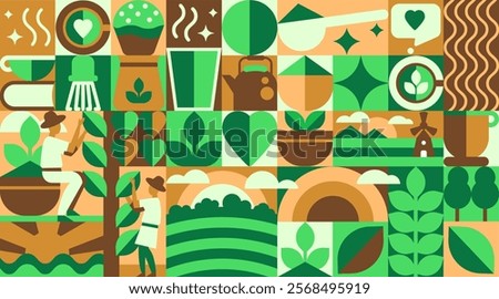 Matcha and Green Tea Pattern with minimalist icons. A Geometric Bauhaus Journey from Field to Cup