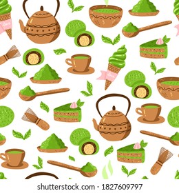 Matcha green tea pattern. Seamless japanese culture pattern with Matcha powder, bowl, teapot and cupcake. Vector illustration. Drink ceremony print for fabric, packaging.