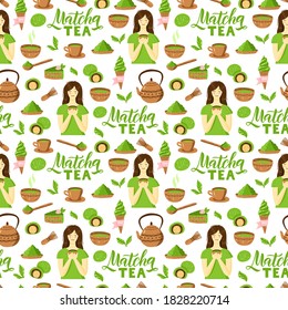 Matcha green tea pattern. Seamless japanese culture pattern with Matcha powder, bowl, teapot and cupcake. Vector illustration. Drink ceremony print for fabric, packaging.