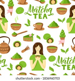 Patrón de té verde matcha. Patrón de cultura japonesa sin foco con polvo, cuenco, tetera y quequito de Matcha. Ilustración vectorial. Impresión de la ceremonia de bebidas para tela, embalaje.