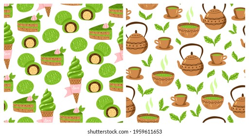 Matcha green tea pattern set. Seamless japanese culture pattern collection with Matcha powder, bowl, teapot and cupcake. Vector illustration. Drink ceremony print for fabric, packaging.