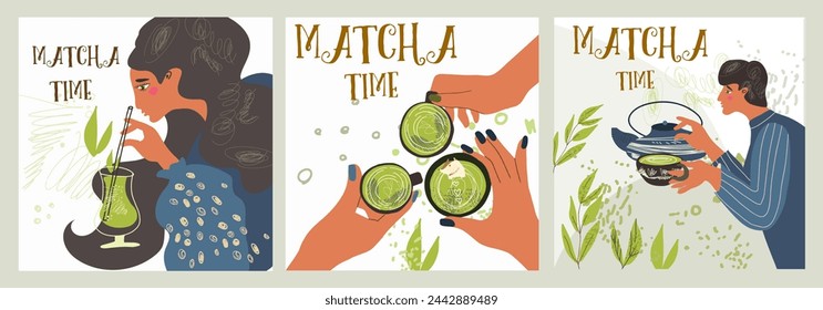 Matcha green tea postcard set, supplies, invitations. Japanese tea culture. Hand drawn vector illustration.