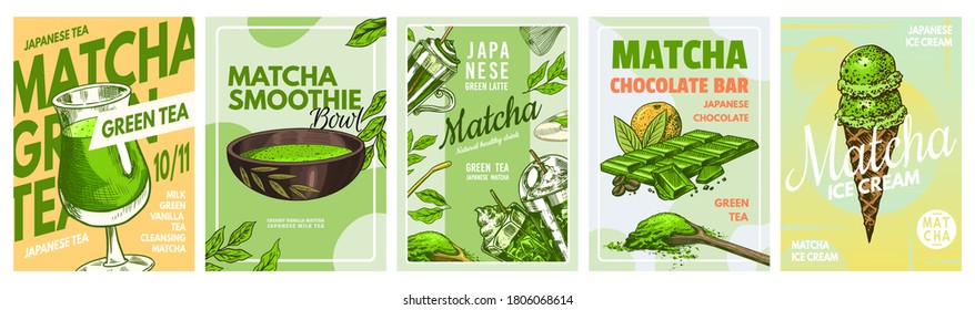 Matcha green tea poster. Healthy milk latte, Smoothie Bowl, Ice Cream and Chocolate bar. Japanese ceremony banner. Engraved hand drawn Vintage sketch for menu or book.