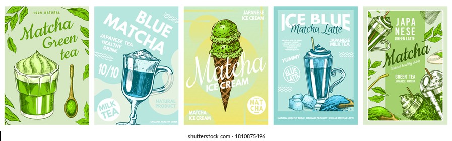 Matcha green tea poster. Healthy milk blue latte, Smoothie Bowl, Ice Cream and Chocolate bar. Japanese ceremony banner. Engraved hand drawn Vintage sketch for menu or book.