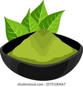 Matcha Green Tea Powder in Bowl with Tea Leaves Illustration Isolated on White Background