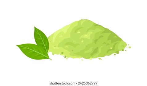 Matcha Green Tea Pulver und Blatt isoliert auf weißem Hintergrund. In: Vector Cartoon Flat Illustration.