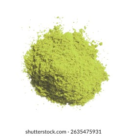 Matcha green tea powder on white background flatlay top view. Organic sencha herb heap shows healthy asian lifestyle drink. Ground chlorella splash creates natural zen food ingredient look.