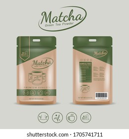 Matcha Green Tea Powder Packaging Label Vector Template. Concept Save the World Biodegradable Material for Products.