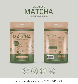 Matcha Green Tea Powder Packaging Label Vector Template. Concept Save the World Biodegradable Material for Products.