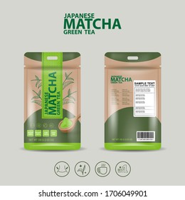 Plantilla de vectores de etiquetas de empaque de té verde Matcha. Concepto Salvar el Material Biodegradable Mundial para Productos.