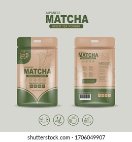 Matcha Green Tea Powder Packaging Label Vector Template. Concept Save the World Biodegradable Material for Products.