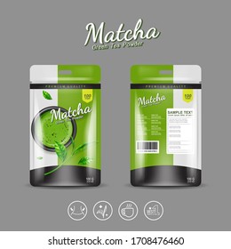 Matcha Green Tea Powder Packaging Label Vector Template for Products.