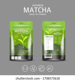 Matcha Green Tea Powder Packaging Label Vector Template for Products.