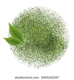 Matcha té verde en polvo salpicar con hojas frescas, ingredientes naturales. Vector aislado sobre fondo blanco, vista superior