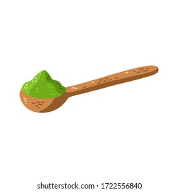 Matcha green tea powder in spoon. Matcha green tea powder in bamboo spoon, vector illustration isolated on white background. Asian japanese and chinese drink ceremony. Hand drawn logo, packaging.