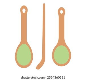 Matcha green tea powder in spoons. Japanese green tea ceremony. Cooking accessories. Flat Vector illustration isolated on white background