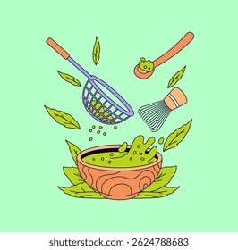 Matcha Green tea preparation, featuring a wooden bowl of green tea surrounded by a whisk, scoop, sifter, and floating tea leaves cartoon hand drawn vector illustration for tea making process