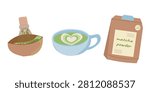 Matcha Green Tea Preparation Vector Clipart Set with Bamboo Whisk, Tea Bowl, Blue Matcha Latte Cup with Heart Foam and Organic Matcha Powder Bag for Cafe Menu, Packaging and Beverage Design in flat