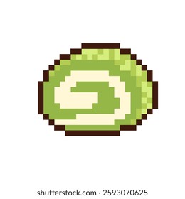 Matcha green tea roll cake with cream inside in green color vector pixel art for sticker, icon, element, game