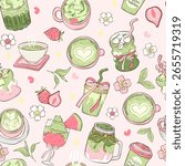 Matcha Green Tea Seamless Pattern, Matcha Lover Kawaii Dessert and Drink, Cute Matcha Reapeat Pattern, Japanese Sweets, Digital Paper