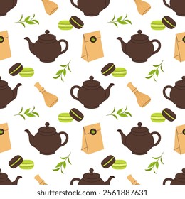 Matcha green tea. Seamless pattern with teapot, green tea, macaroons. Traditional Asian drink. Tea ceremony. For textile, wrapping paper, background.