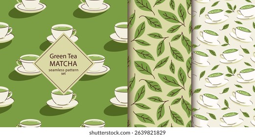 Matcha green tea seamless pattern set. Collection with illustrations of cup, leaves, hot drink. Drink ceremony print for fabric, packaging.