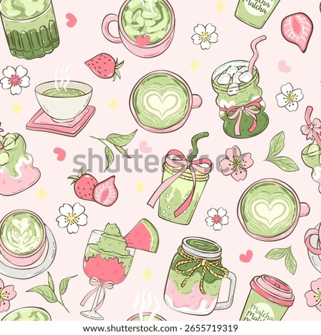 Matcha Green Tea Seamless Pattern, Matcha Lover Kawaii Dessert and Drink, Cute Matcha Reapeat Pattern, Japanese Sweets, Digital Paper
