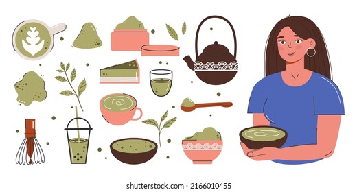 Matcha green tea is served and drunk by a young woman. Japanese tea culture. Matcha latte is a healthy drink. Big set of various matcha tea products.  Hand-drawn vector color fashion illustration.