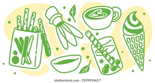 Matcha green tea set illustration. Hand drawn doodle traditional whisk and bowl with powder, cup for preparing Japanese beverage and mug with coffee, bubble tea in glass and ice cream in waffle cone.