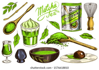 Matcha green tea set. Organic powder, bamboo whisk chasen, bowl chawan, spoon chashaku for Japanese ceremony. Healthy coconut milk latte. Engraved hand drawn Vintage sketch for poster.