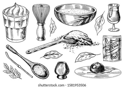Le kit thé vert Matcha. Poudre organique, bambou whisk chasen, chawan de bol, chashaku à la cuillère pour la cérémonie japonaise. Lait de noix de coco sain latte. Dessin gravé à la main Vintage pour affiche.