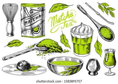 Matcha green tea set. Organic powder, bamboo whisk chasen, bowl chawan, spoon chashaku for Japanese ceremony. Healthy coconut milk latte. Engraved hand drawn Vintage sketch for poster.