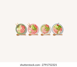 Matcha green tea and strawberry soft serve ice cream bowl set with various toppings vector illustration collection.