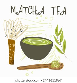 Matcha green tea, supplies, cards, invitation. Various matcha tea products. Japanese tea culture. Hand drawn vector illustration.