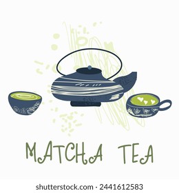 Matcha green tea, supplies, cards, invitation. Various matcha tea products. Japanese tea culture. Hand drawn vector illustration.