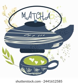 Matcha green tea, supplies, cards, invitation. Various matcha tea products. Japanese tea culture. Hand drawn vector illustration.