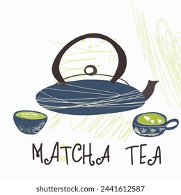 Matcha green tea, supplies, cards, invitation. Various matcha tea products. Japanese tea culture. Hand drawn vector illustration.