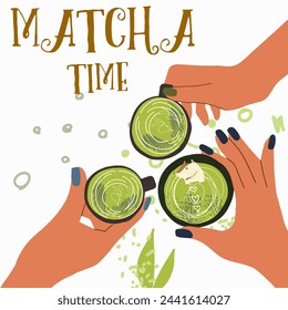 Matcha green tea, supplies, cards, invitation. Various matcha tea products. Japanese tea culture. Hand drawn vector illustration.