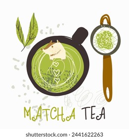 Matcha green tea, supplies, cards, invitation. Various matcha tea products. Japanese tea culture. Hand drawn vector illustration.