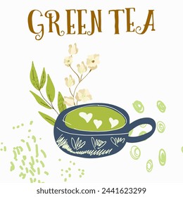 Matcha green tea, supplies, cards, invitation. Various matcha tea products. Japanese tea culture. Hand drawn vector illustration.