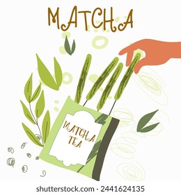 Matcha green tea, supplies, cards, invitation. Various matcha tea products. Japanese tea culture. Hand drawn vector illustration.