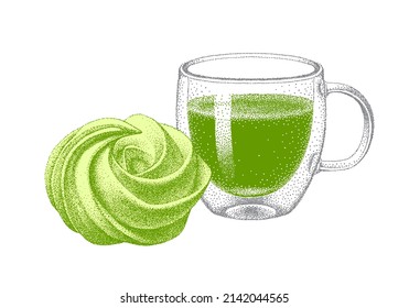 Matcha green tea and sweet cake. Dessert with green tea flavor. Beverage in glass double wall cup. Realistic sketch. Japan drink with sweetness.